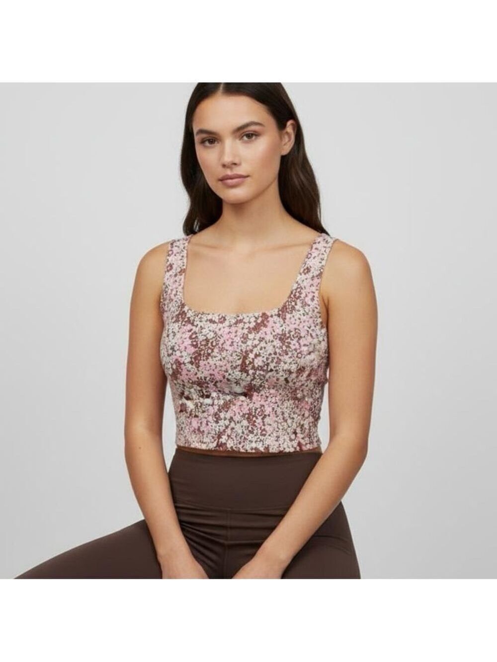 Lou & Grey Athletic Floral Crop Top Tank Medium Pink Brown Cottagecore Stretchy
